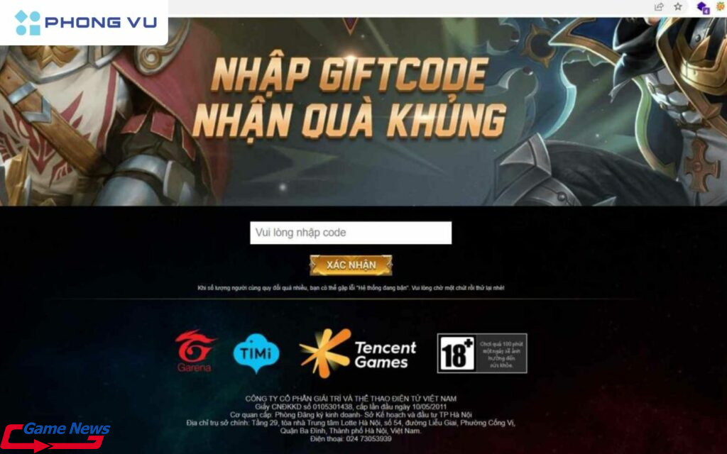 Nhập code nhận quà miễn phí