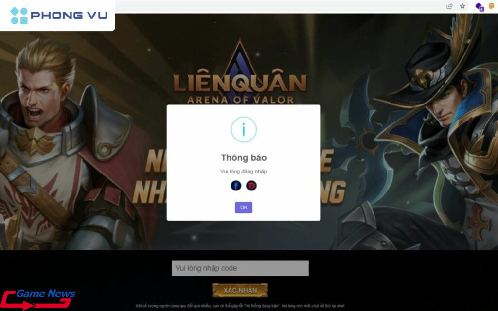 Đăng nhập vào tài khoản để tiến hành nhập code