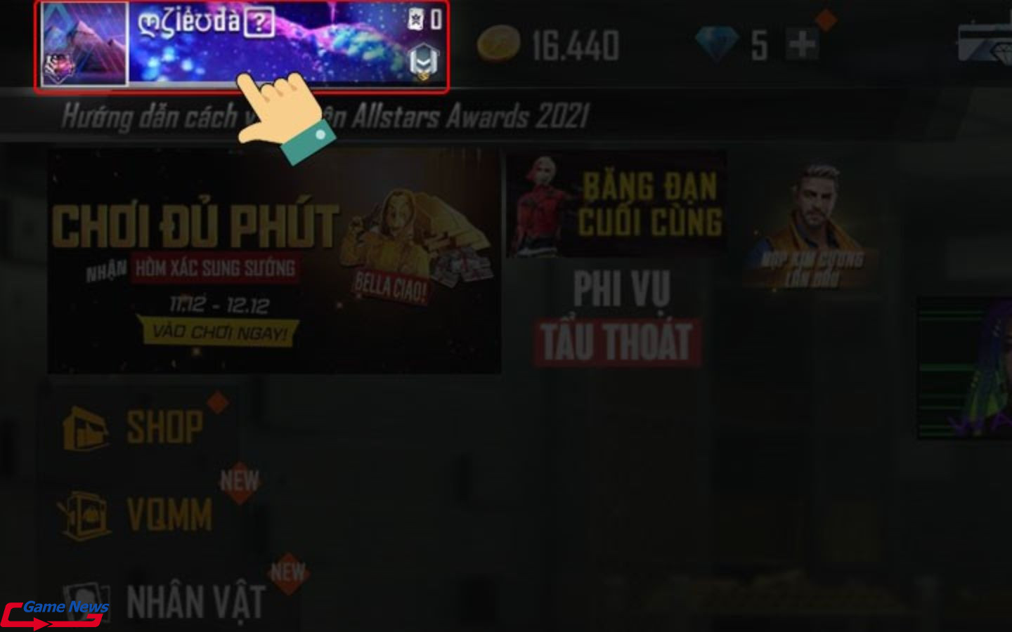 Vào game, tại giao diện trang chủ chọn Avatar bên góc trái màn hình