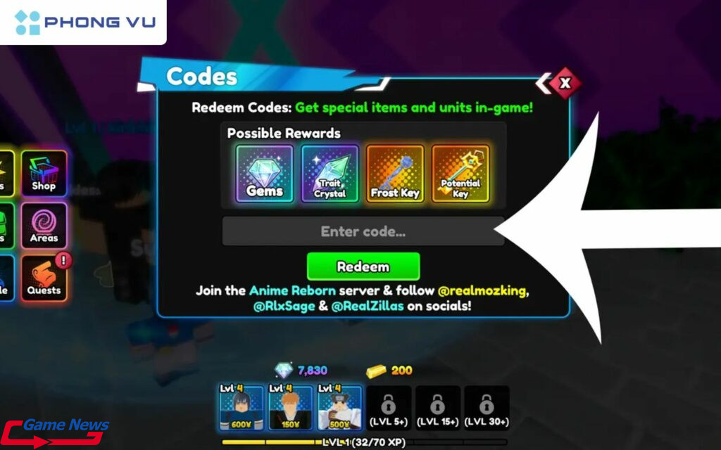 Nhập mã và nhấn Enter để nhận phần thưởng