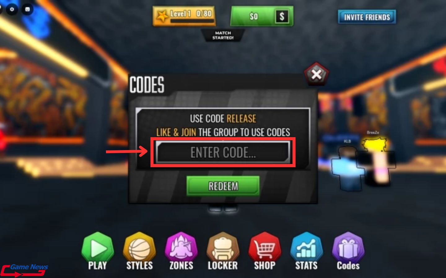 Nhập code Basketball Zero vào ô "Enter Code"