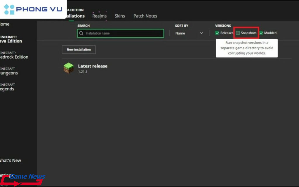 Hướng dẫn tải Minecraft 1.22 bản tiếng Việt miễn phí mới nhất 7 Chọn mục Snapshots trong phần Version