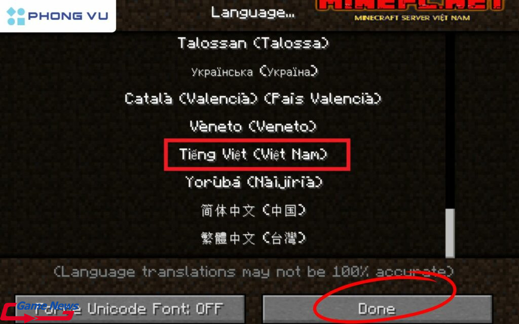 Hướng dẫn tải Minecraft 1.22 bản tiếng Việt miễn phí mới nhất 13 Chọn Tiếng Việt và bấm vào Done