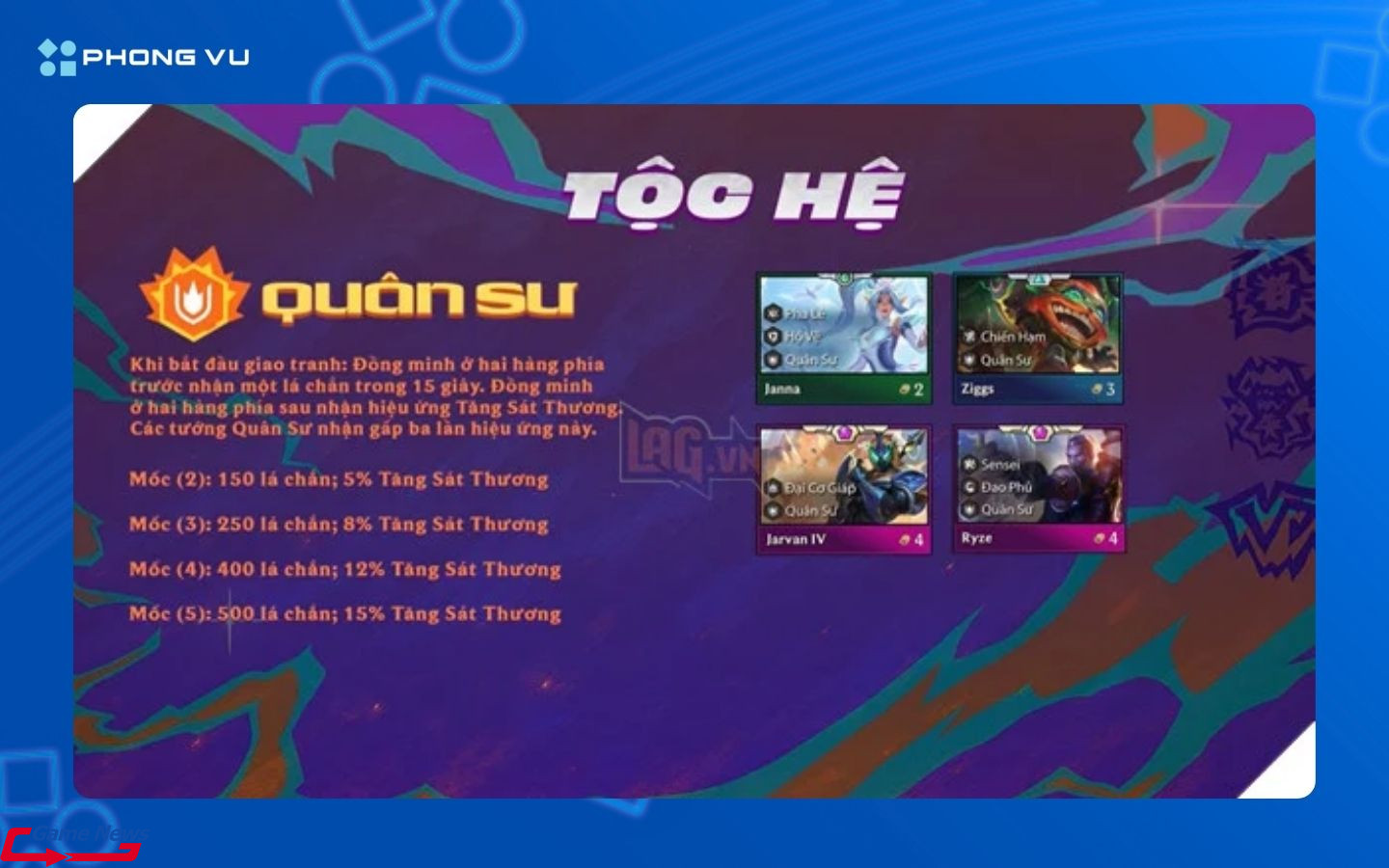 Quân Sư hỗ trợ tuyến đầu với lá chắn và năng lượng, giữ nhịp cho đội hình phát huy sức mạnh tối đa