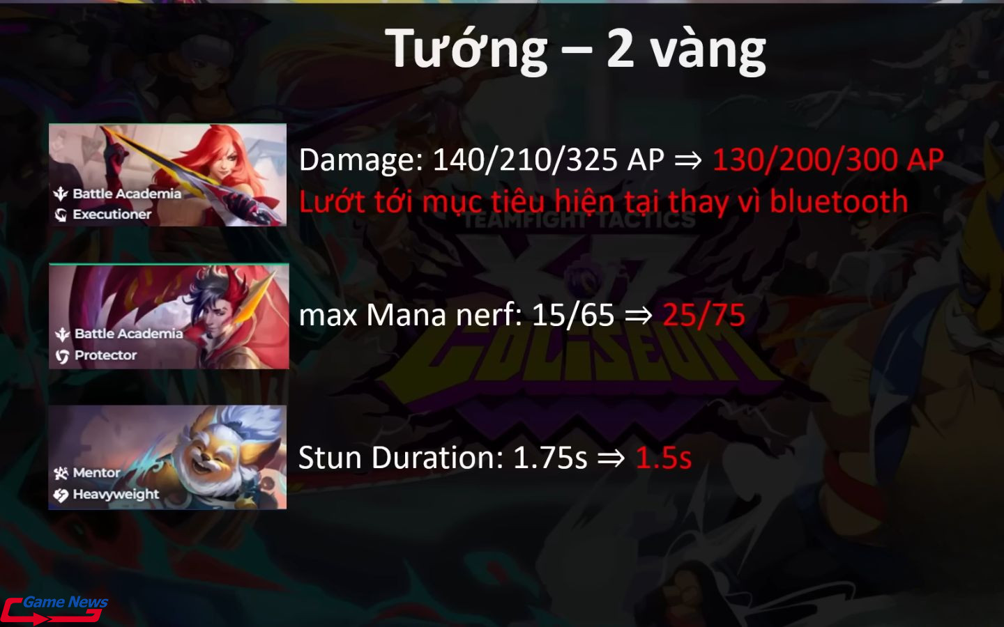 Cập nhật thay đổi của các vị tướng 2 vàng