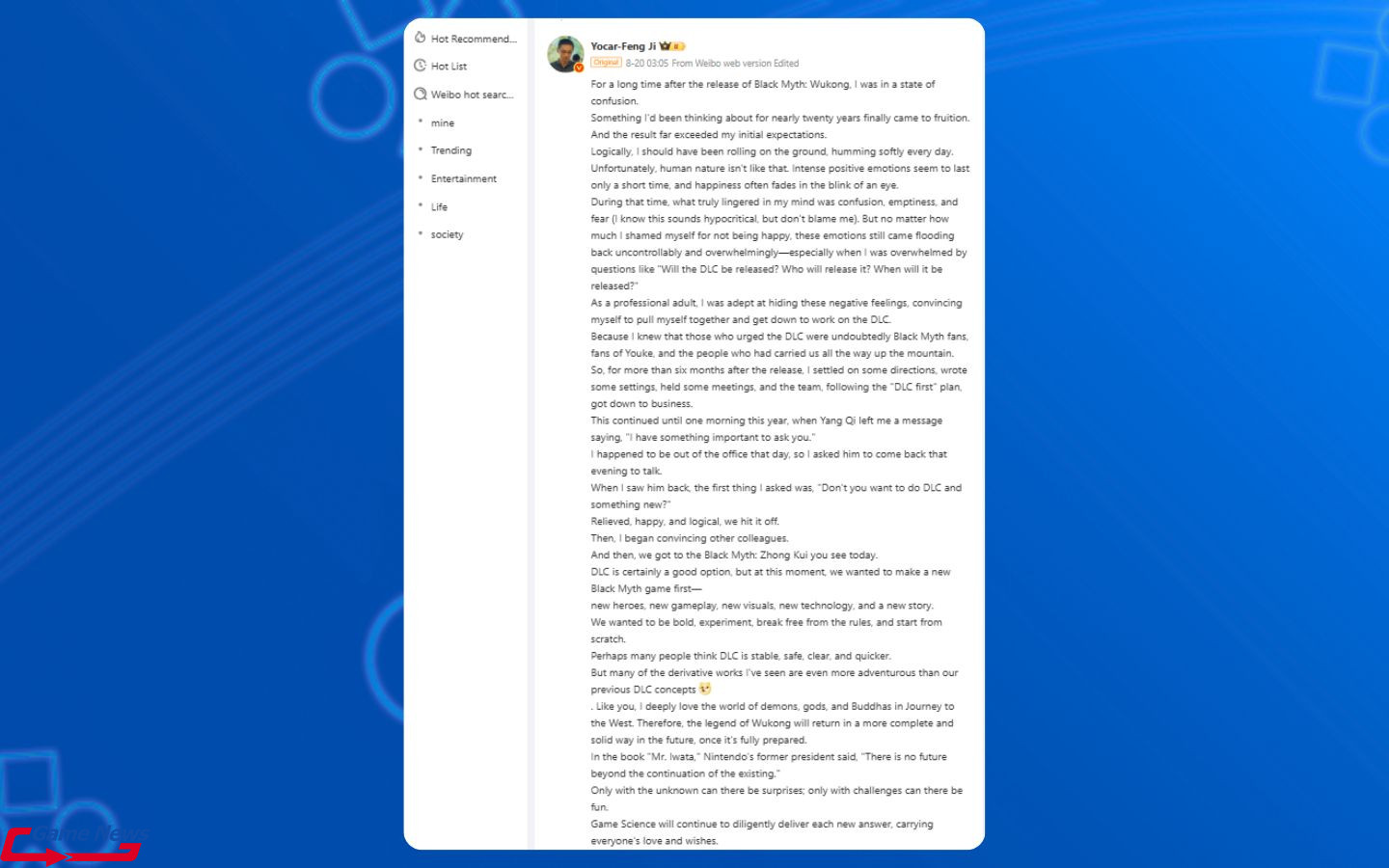 Tâm thư của Feng Ji gửi đến cộng đồng hâm mộ Black Myth 